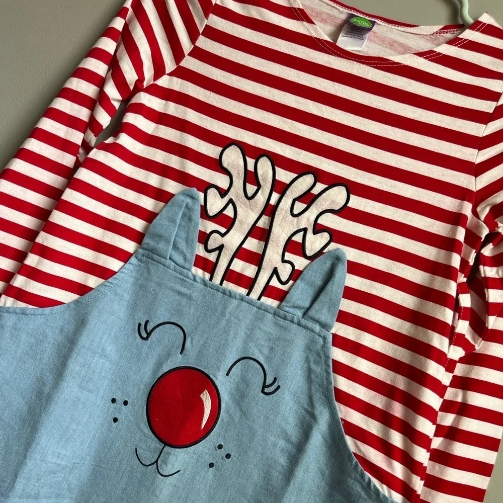 Dollie & Me Red Stripe/Blue Denim Reindeer Pattern Holiday Dress Girls size 12